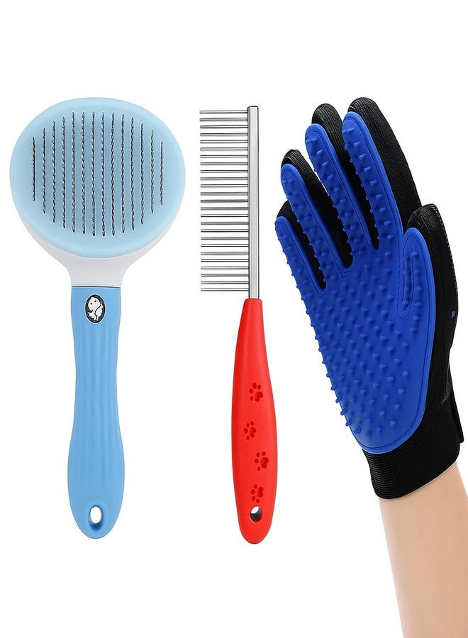 PET FUN مجموعة العناية بالحيوانات الأليفة PET FUN® 3 في 1 - فرشاة تنظيف ذاتية التنظيف، مشط فك التشابك من جانب واحد وقفاز إزالة الشعر الزائد لجميع الكلاب والقطط (قد يختلف اللون) - Image 1